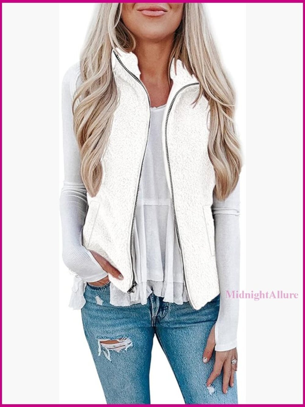 Women's Sherpa Fleece Vest Sleeveless Cardigan Zipper Pockets Cozy Outerwear